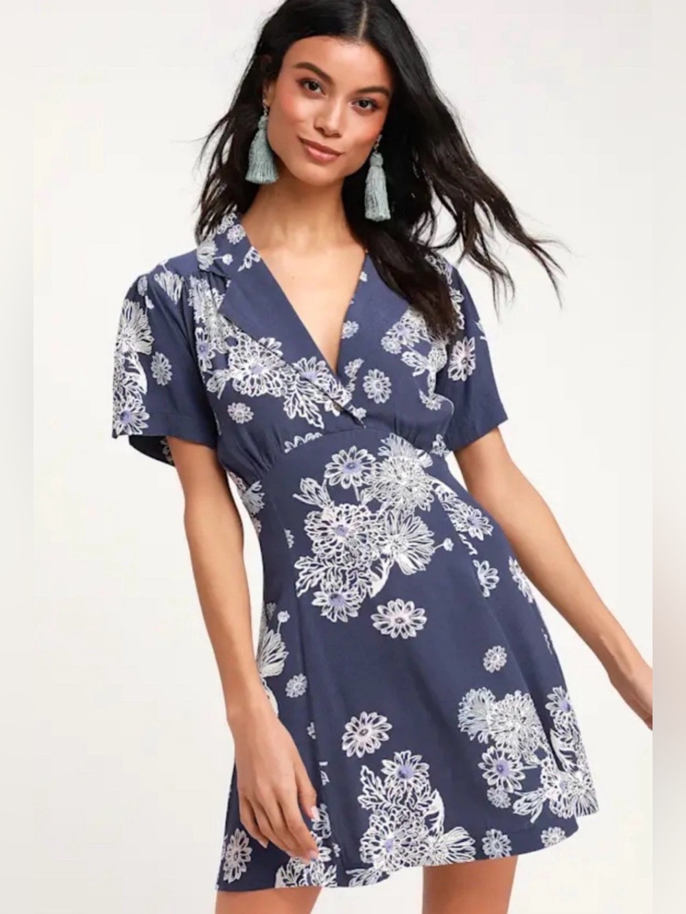 Free People Blue Hawaii Washed Blue Floral Print Short Sleeve Mini Dress Medium